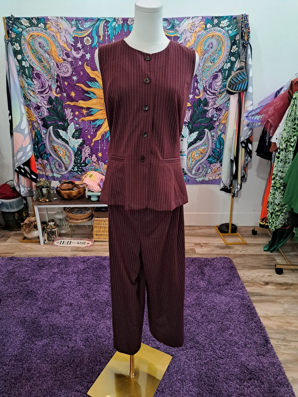Calvin Klein Burgundy Pinstripe Sleeveless Pant Set